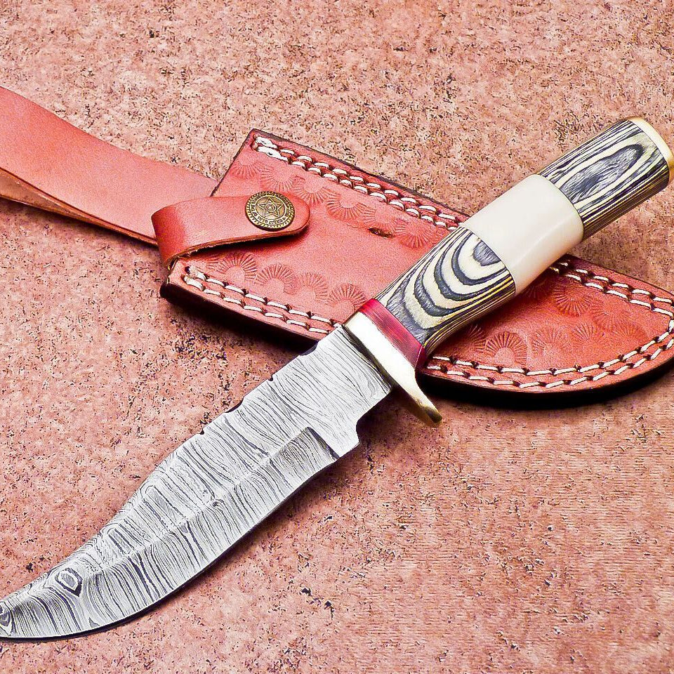 10 Inch Damascus Steel Bowie Hunting Knife with Camel Bone and Hardwood Handle