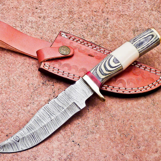 10 Inch Damascus Steel Bowie Hunting Knife with Camel Bone and Hardwood Handle