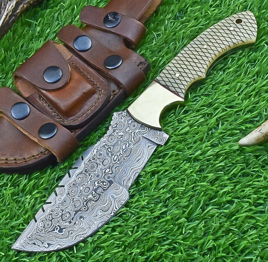 10 Inch Damascus Steel Tracker Bowie Knife with Camel Bone Handle