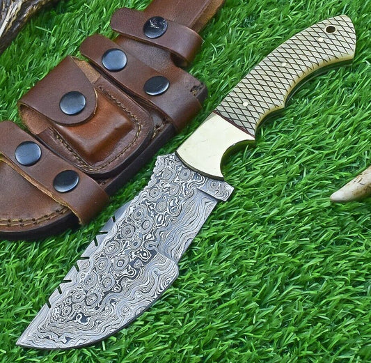 10 Inch Damascus Steel Tracker Bowie Knife with Camel Bone Handle