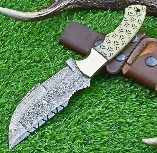 10 Inch Damascus Tracker Bowie Knife with Camel Bone Handle and Brass Bolster