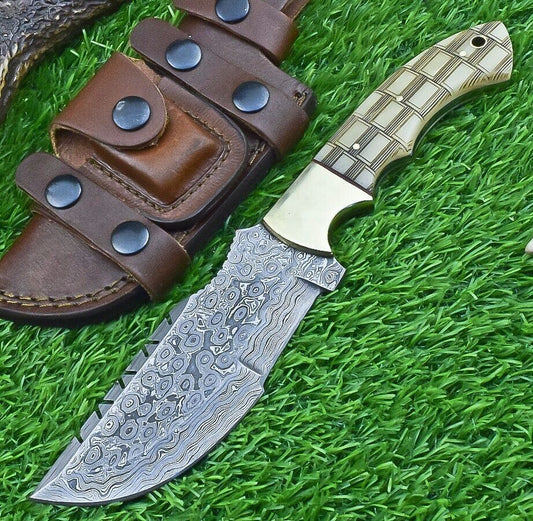 10 Inch Damascus Tracker Bowie Knife with Camel Bone Handle for Hunting and Survival