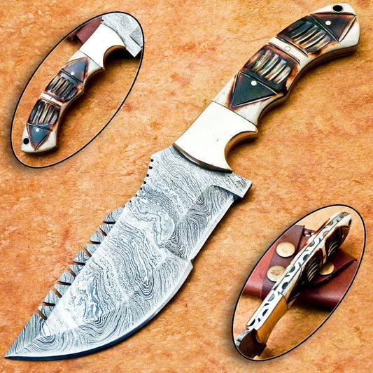 10 Inch Full Tang Damascus Bowie Knife with Engraved Camel Bone Handle