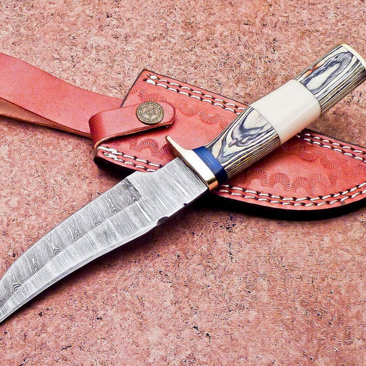 10 Inch Handcrafted Damascus Bowie Knife with Camel Bone and Hardwood Handle