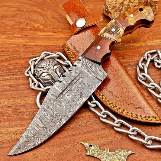 10 Inch Handmade Damascus Steel Bowie Knife with Wood Handle and Brass Pins