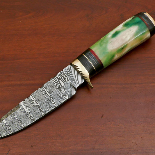 10 Inch Handmade Damascus Steel Hunting Knife with Camel Bone and Pakka Wood Handle