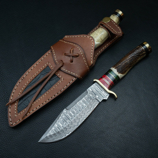 10 Inch Handmade Damascus Steel Hunting Knife with Stag Horn Handle