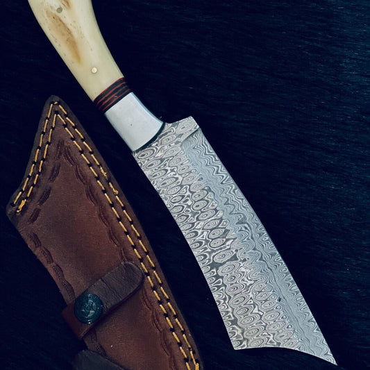 10 Inch Handmade Twist Damascus Machete Hunting Knife with Camel Bone and Wood Handle
