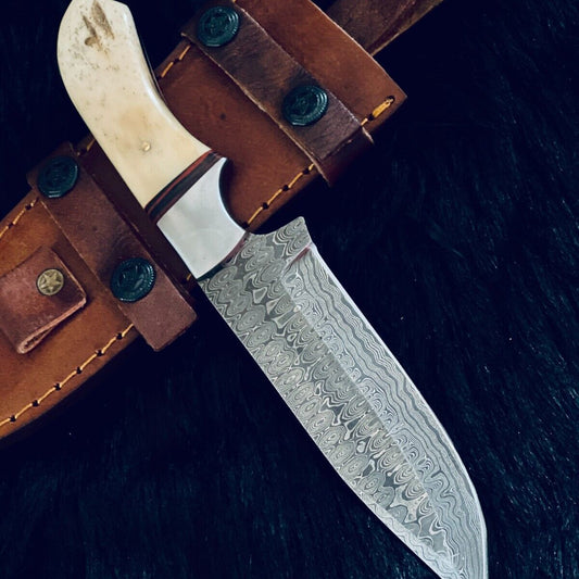 10 Inch Rain Drop Damascus Steel Bowie Knife with Camel Bone and Wood Handle