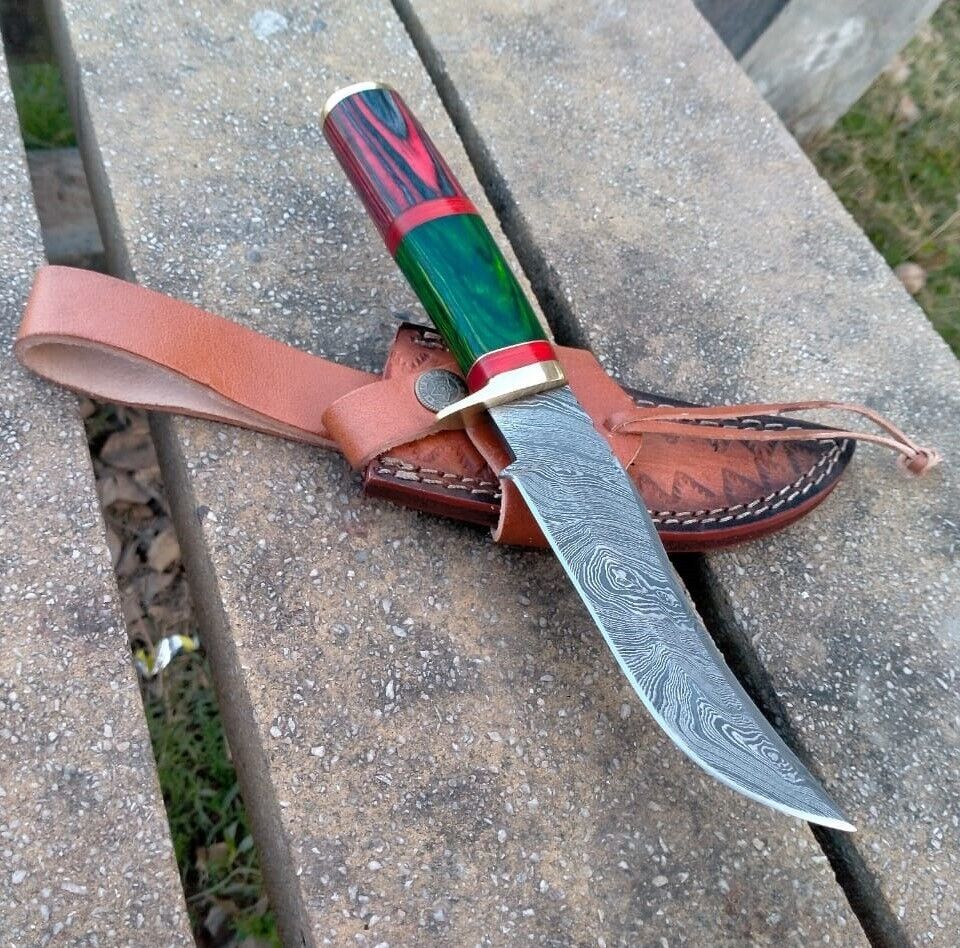 10" Pakka Wood Handle Damascus Bowie Knife – Handmade Forged Hunting Blade
