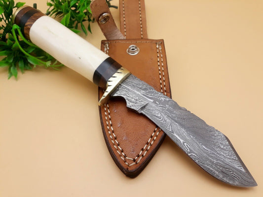 10" Premium Damascus Steel Knife Damascus Bowie Knife With Camel Bone Handle & Sheath
