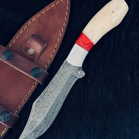 10" Rain Drop Damascus Bowie Knife – Stained Camel Bone & Wood Handle
