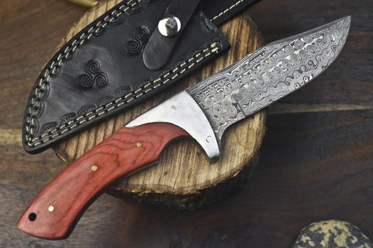 10" Rain Drop Damascus Skinner Knife with Hard Wood Handle – Hand Forged Hunting & Hiking Blade