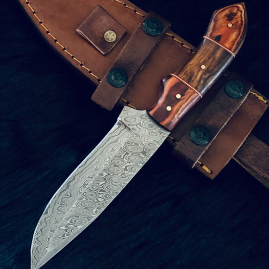 10" Rain Drop Damascus Steel Bowie Knife – Camel Bone & Wood Handle 