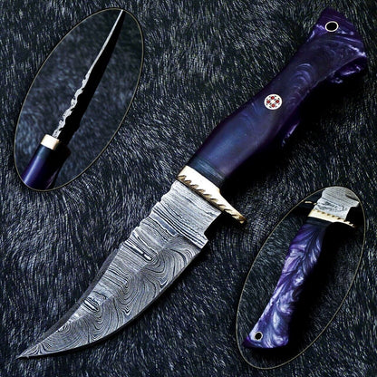 10" Resin Handle Damascus Steel Bowie Knife – Brass Bolster & Leather Sheath