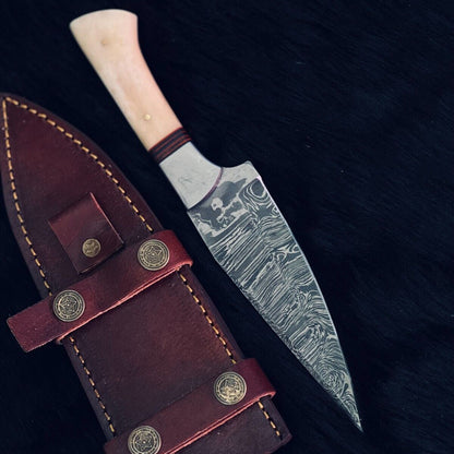  10" Twist Damascus Bowie Hunting Knife – Bone & Wood Handle