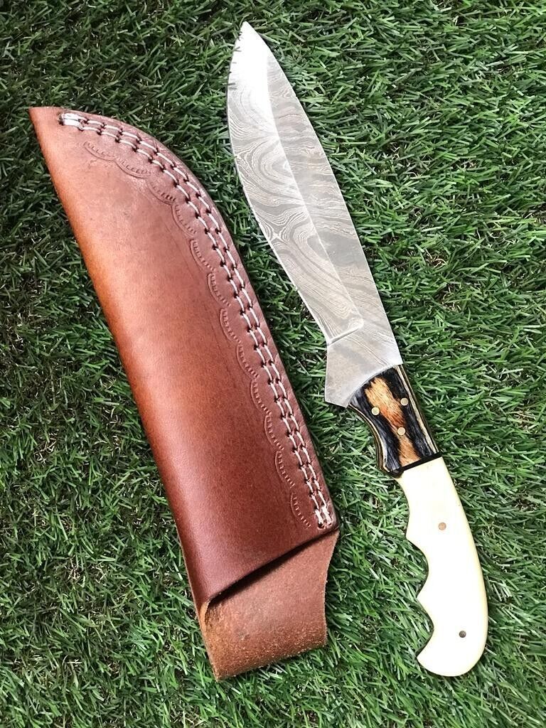 11.0" Damascus Bowie Knife Damascus Steel Knife with Bone Handle & Leather Sheath