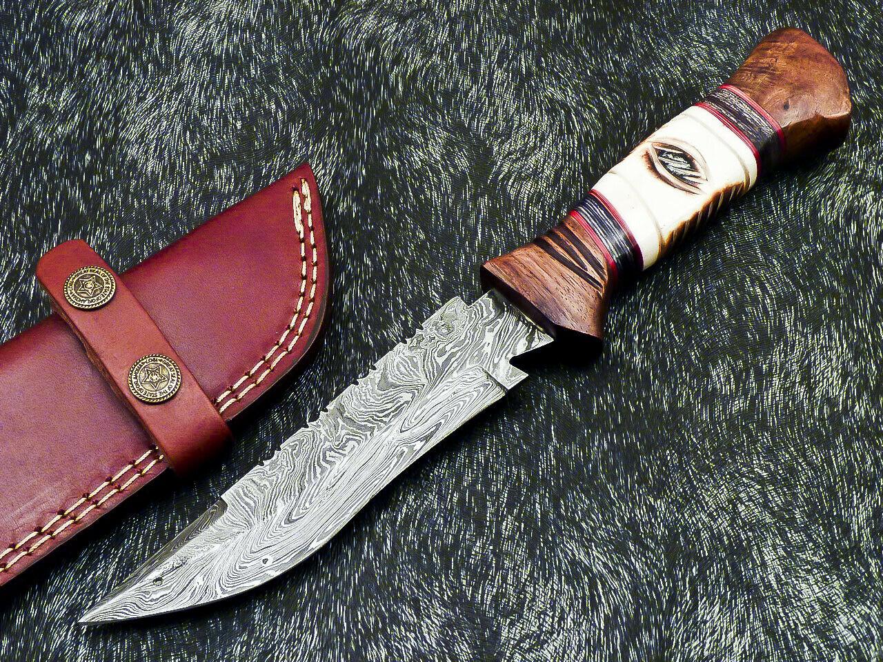 11.0" Handmade Damascus Bowie Knife Damascus Steel Knife With Camel Bone Handle & Sheath