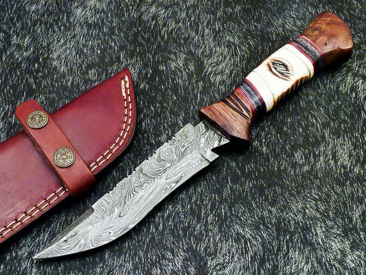 11.0" Handmade Damascus Bowie Knife Damascus Steel Knife With Camel Bone Handle & Sheath