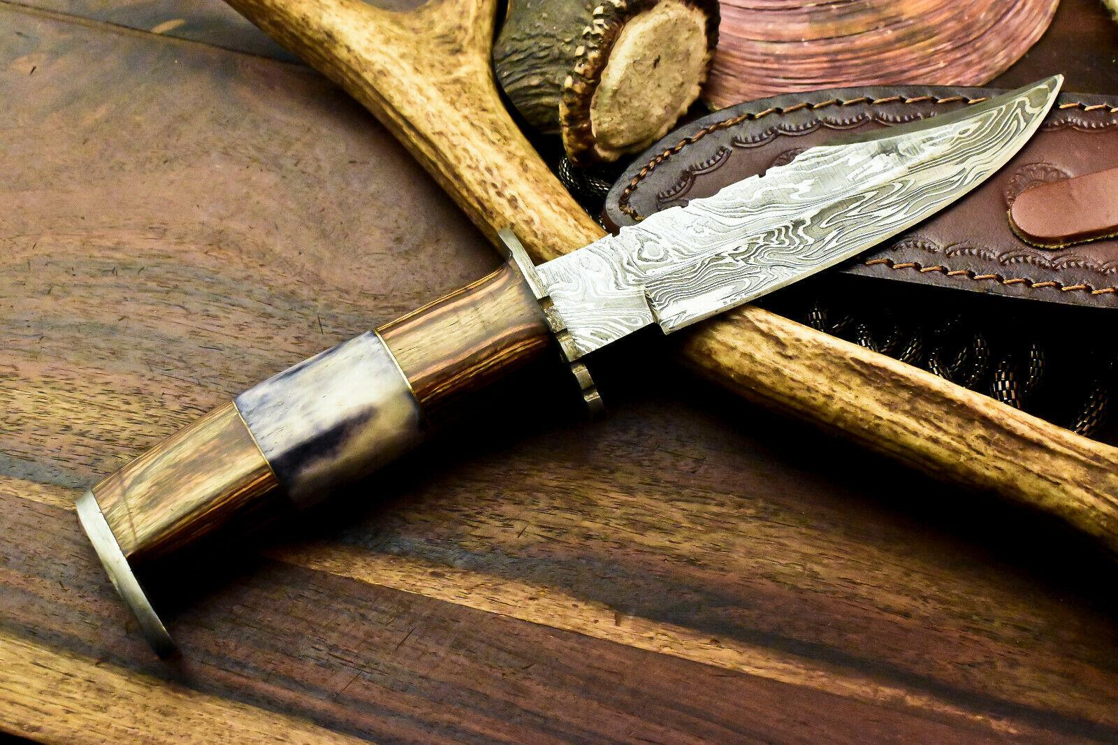 11.0" Handmade Damascus Bowie Knife Damascus Steel Knife With bone & Hardwood Handle