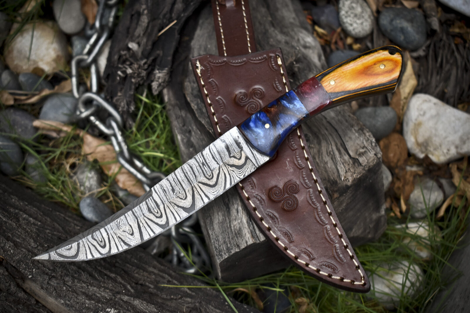 11.0" Twist Damascus Skinner Knife Mixed Material Handle Hunting Sports Blade