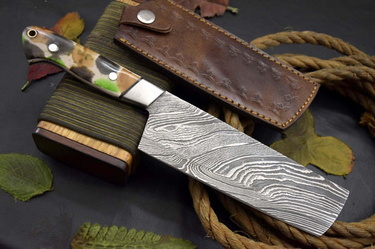 11.1” Handmade Damascus Steel Nakiri Chef Knife – Resin Handle, Ladder Pattern