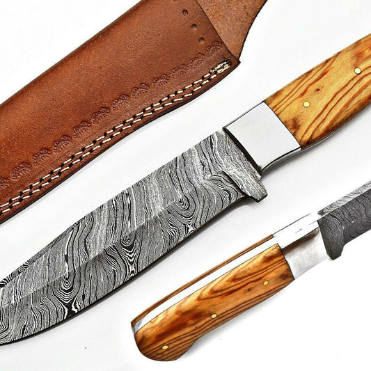 11.25" Handmade Damascus Steel Bowie – Olive Wood Handle & Leather Sheath