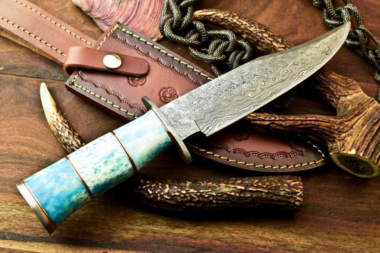 11.5" Custom Forged Damascus Steel Knife With Stained Camel Bone Handle & Sheath