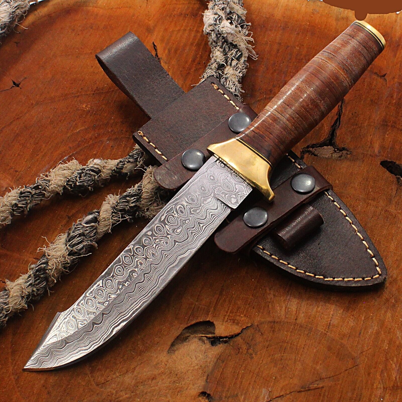  11.5" Custom Rain Drop Damascus Bowie Knife – Bone Handle & Leather Sheath