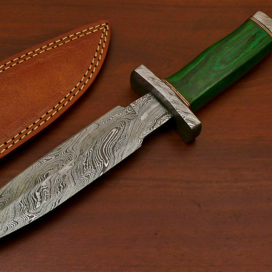 11.5" Damascus Bowie Knife – Pakka Wood Handle & Damascus Guard