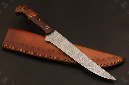 11.5" Damascus Fillet Knife Hand Forged Fire Damascus Steel Knife with Wood Handle