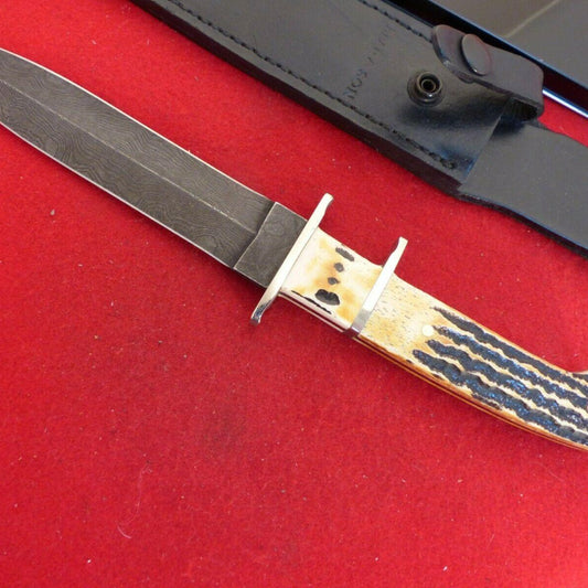 11.5" Damascus Steel Dagger Bowie Knife | Bone Stag Handle with Sheath