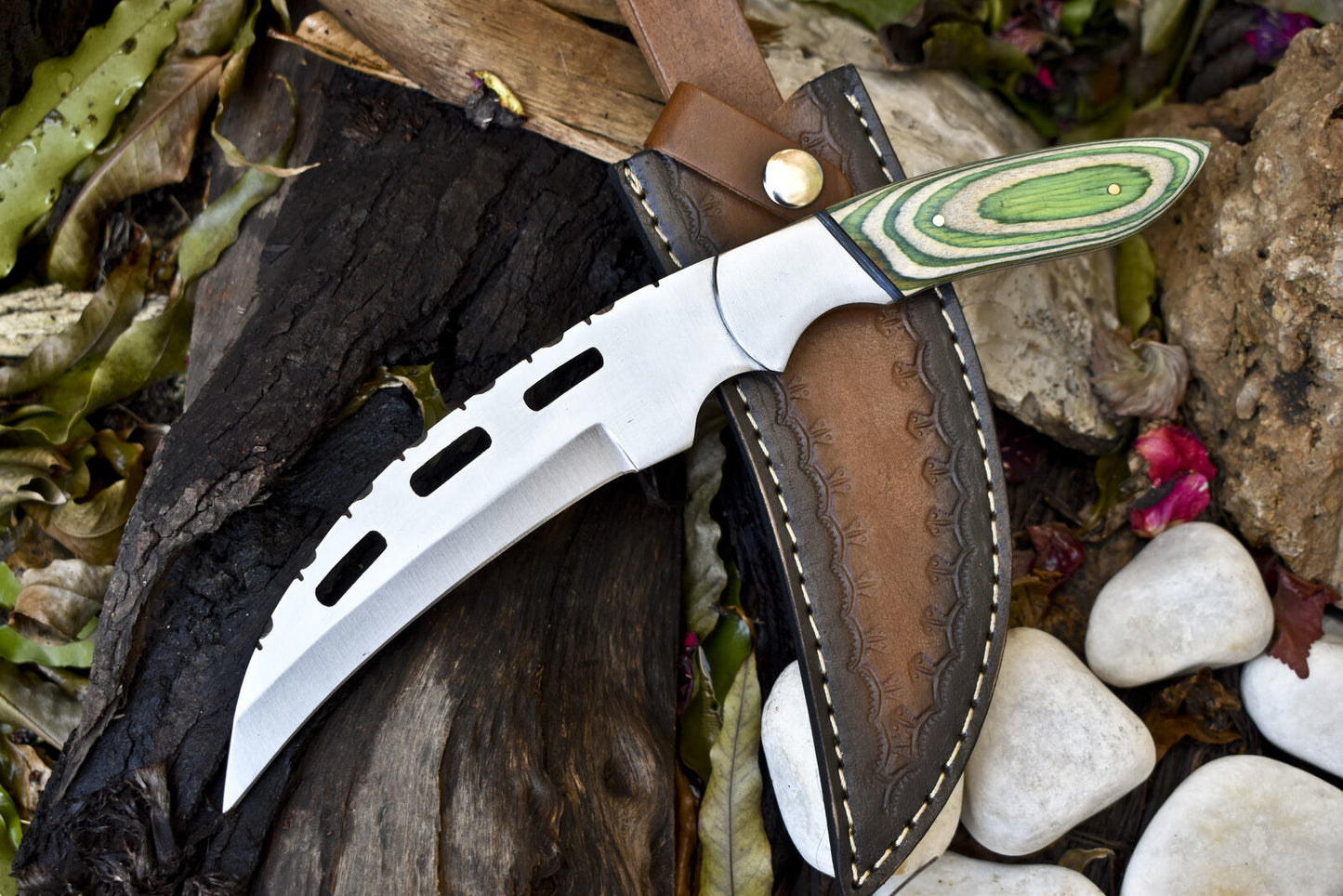 11.5" Hand-Forged Hunting Skinner Knife – 440C Steel Blade, Hardwood Handle, Steel Bolster, Leather Sheath Gift