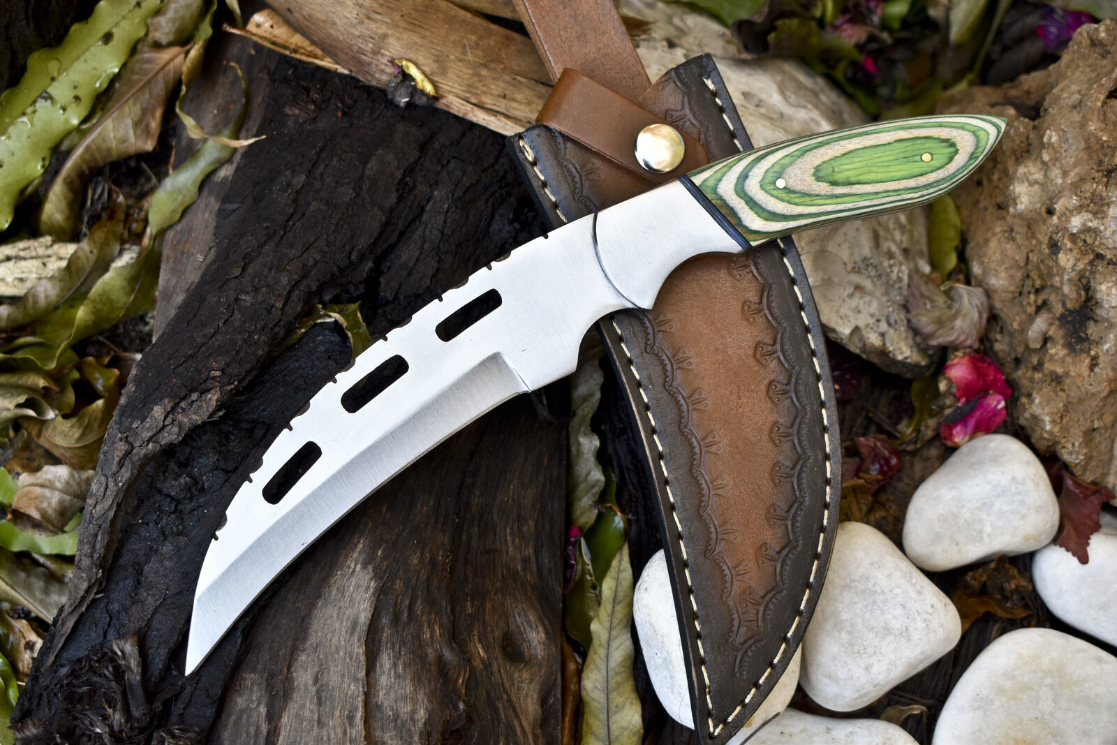 11.5" Hand-Forged Hunting Skinner Knife – 440C Steel Blade, Hardwood Handle, Steel Bolster, Leather Sheath Gift