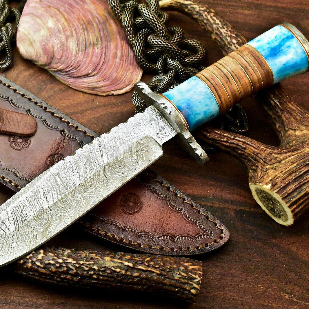 11.5" Handmade Damascus Bowie Hunting Knife | Stained Camel Bone Handle