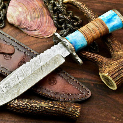 11.5" Handmade Damascus Bowie Hunting Knife | Stained Camel Bone Handle