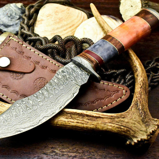 11.5" Handmade Damascus Bowie Knife – Camel Bone Handle & Leather Sheath