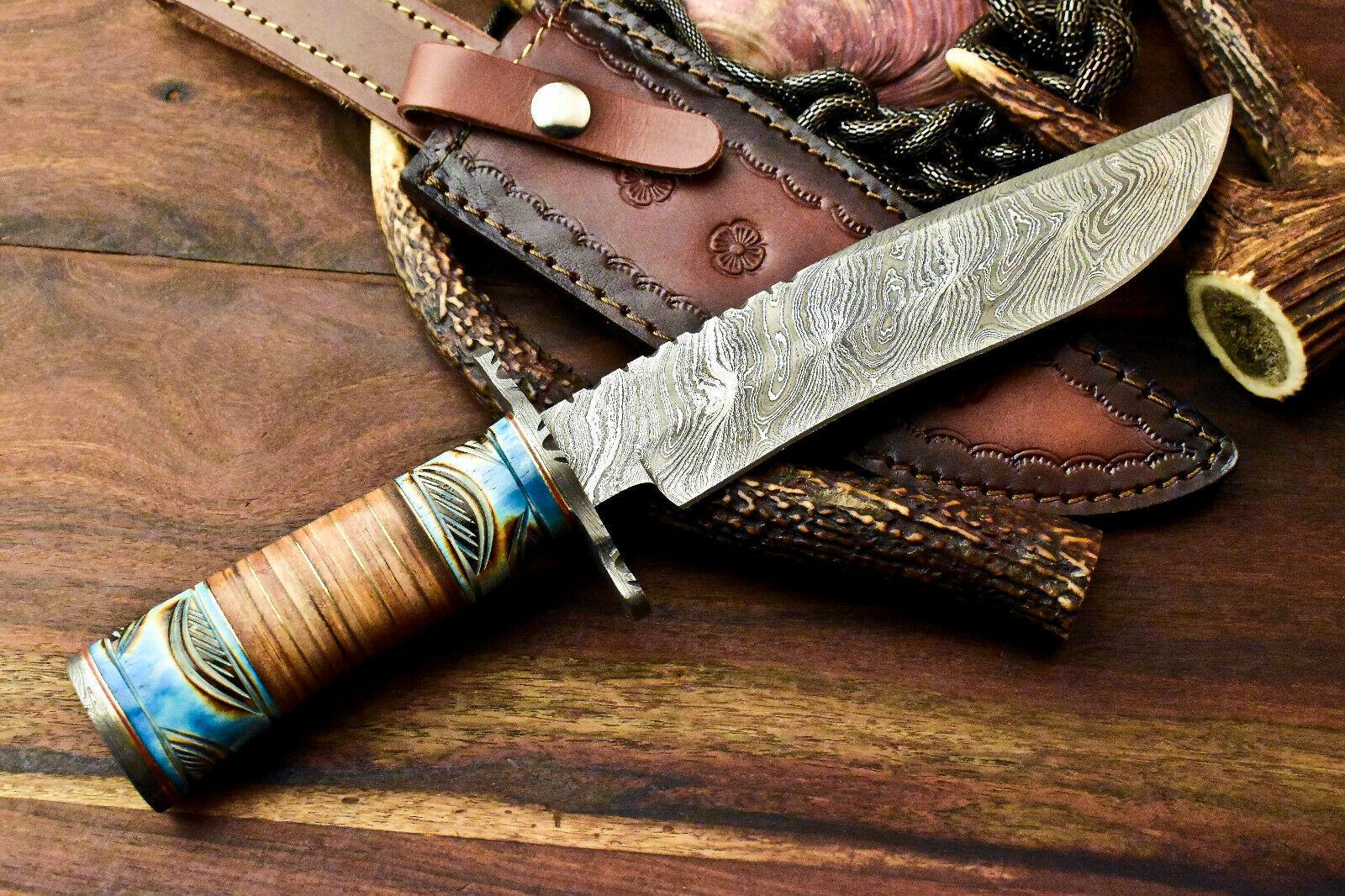 11.5" Handmade Damascus Bowie Knife Damascus Steel Knife With Stacked Leather Handle