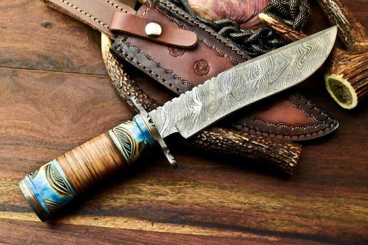 11.5" Handmade Damascus Bowie Knife Damascus Steel Knife With Stacked Leather Handle