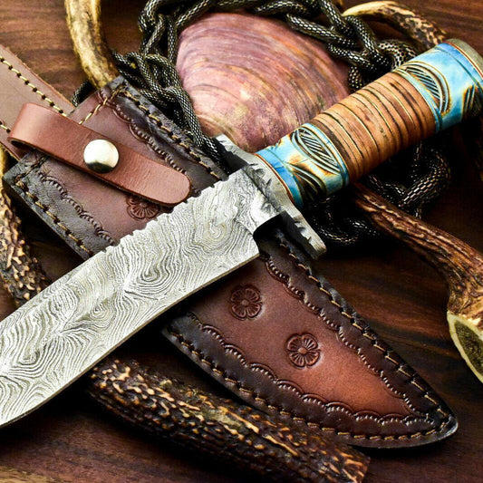 11.5" Handmade Damascus Bowie Knife – Stacked Leather Handle