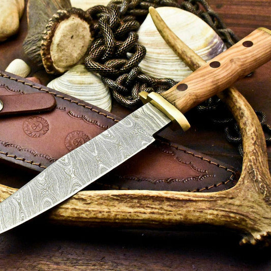 11.5" Handmade Damascus Bowie Knife – Walnut Wood Handle & Leather Sheath
