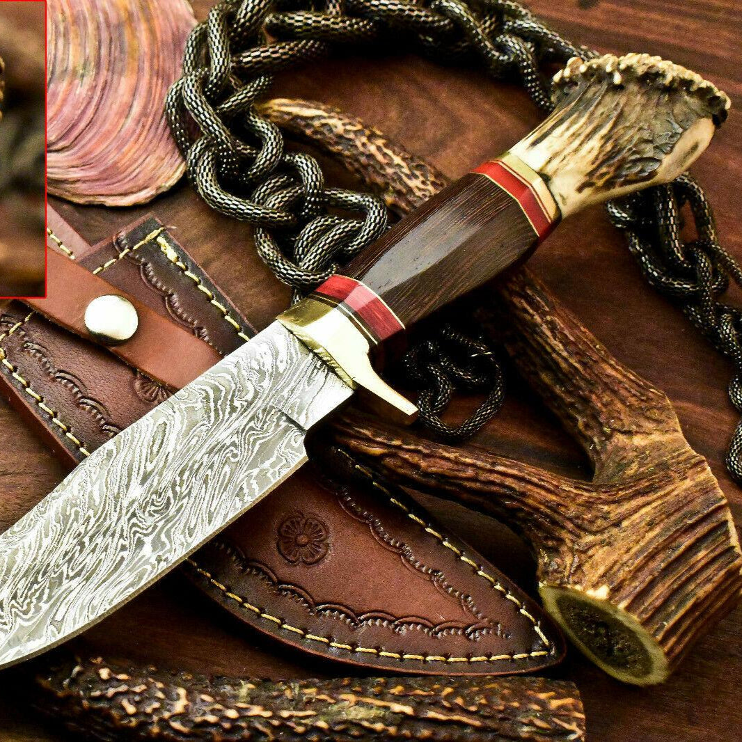 11.5" Handmade Damascus Hunting Bowie Knife | Crown Antler Handle