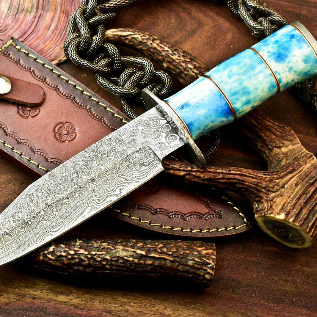 11.5" Handmade Damascus Steel Bowie Hunting Knife | Stained Camel Bone