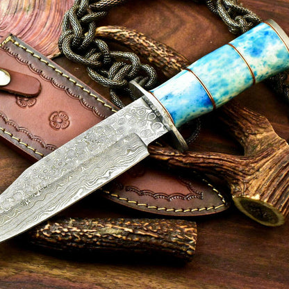 11.5" Handmade Damascus Steel Bowie Hunting Knife | Stained Camel Bone