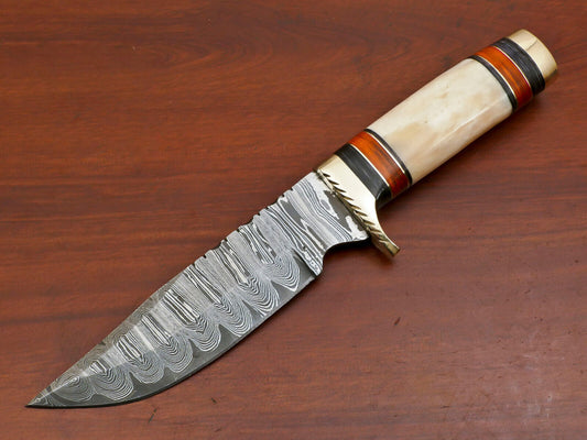 11.5 Inch Damascus Steel Hunting Knife with Camel Bone and Pakka Wood Handle