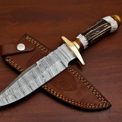 11.5 Inch Handmade Damascus Steel Bowie Knife with Stag and Pakka Wood Handle