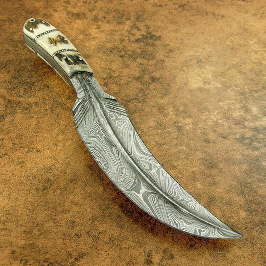 11" Custom Damascus Bowie Knife with Stag Antler Handle – Full Tang Hand Forged Hunting Blade