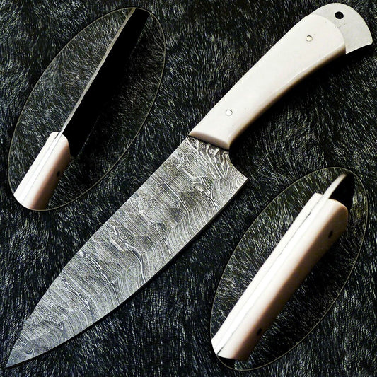 11" Custom Hand Forged Damascus Steel Chef Knife | Kitchen & Cooking Knife with Camel Bone Handle