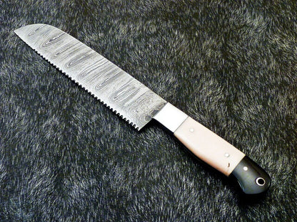 11" Custom Hand Forged Damascus Steel Chef Knife Kitchen Knife with Camel Bone & Bull Horn Handle