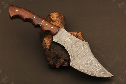 11" Custom Handmade Damascus Bowie Knife with Natural Wood Handle & Leather Sheath